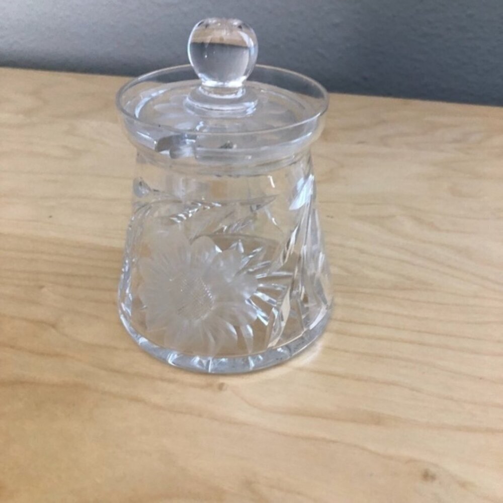 Vintage Cut Glass Floral Pattern Jam or Honey Dish with Final Topped Lid 3" High
